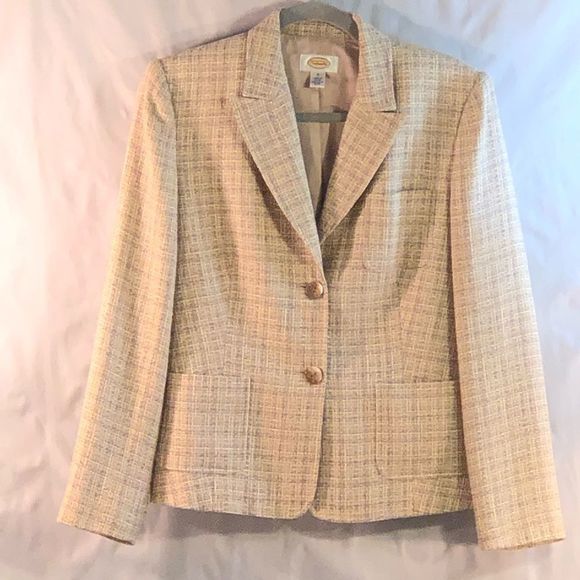 Talbots Jackets & Blazers - Talbots Lightweight Tan Cream and Gold Tweed 2 Button 3 Pocket Blazer Size 8